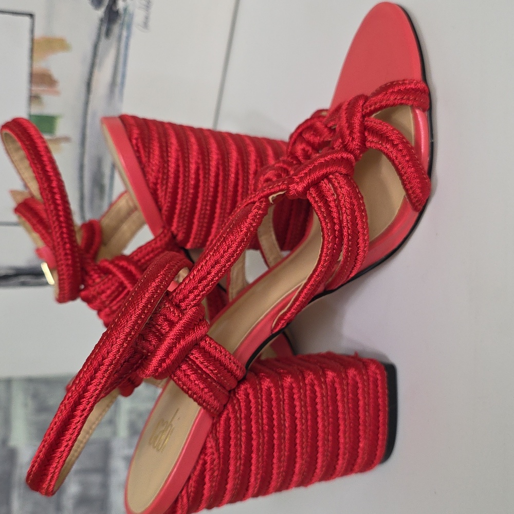 CAbi Tip Toe Red Rope Strappy Block Heel Ankle Strap Sandals Size 7 Style 6012 - Picture 7 of 13